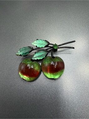 Antique Vintage Cherry Brooch with Green and Red Art Glass #31SB